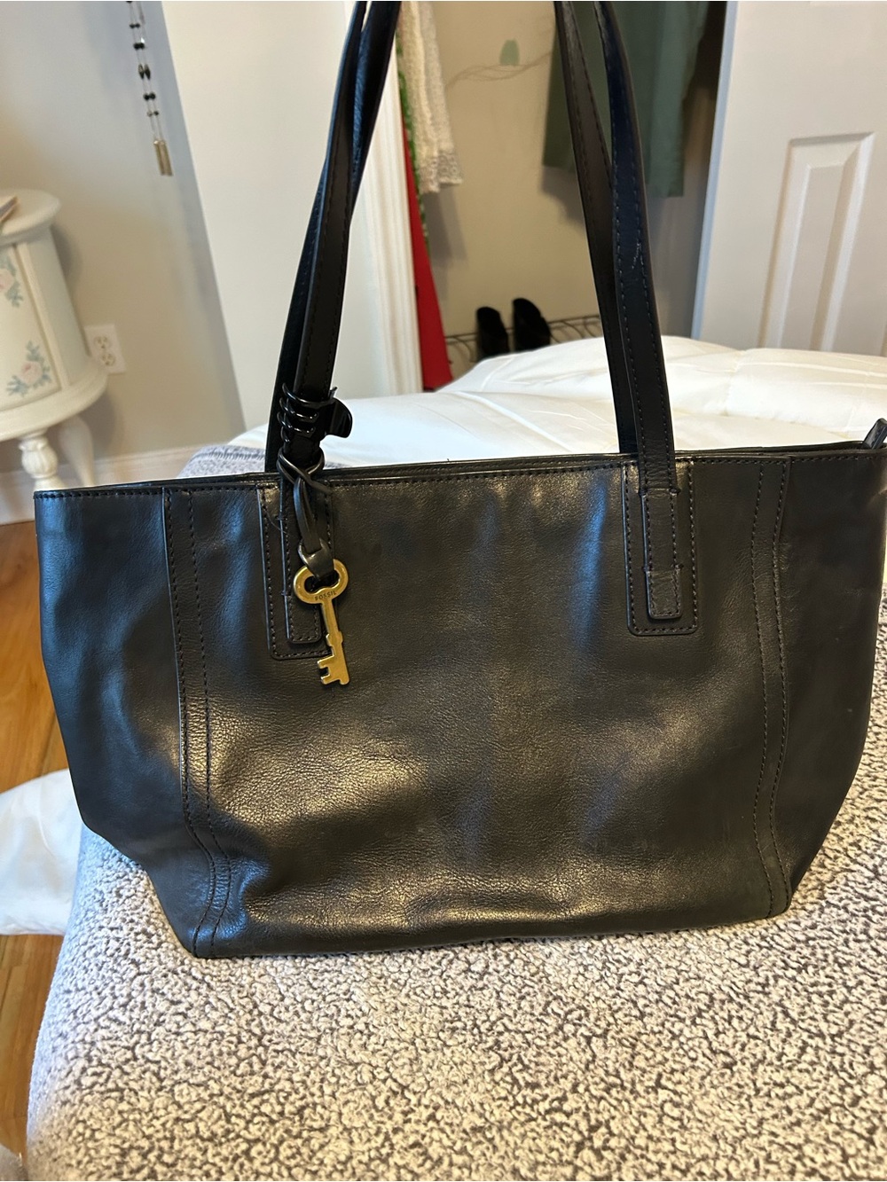 Fossil Black Leather Tote with Gold Key Charm